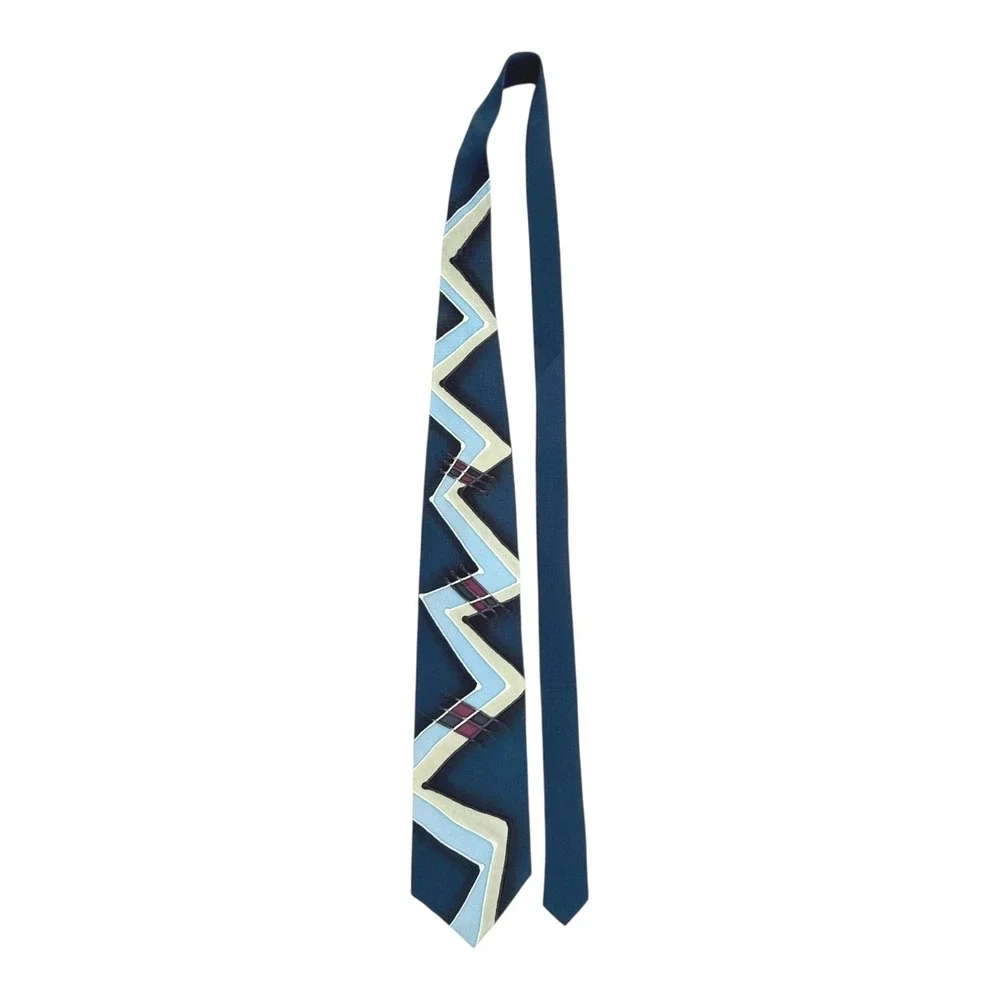 VTG Robert Daskai Silk Hand Painted Artist Signed Tie Geometric Zig‎ Zag Blues